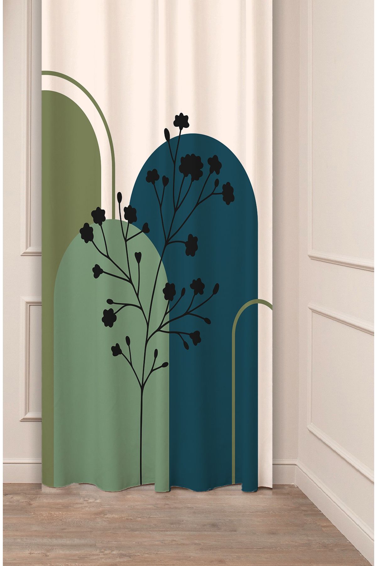 GREENDECOR Çiçek Bohem Minimalist Bej Krem Desenli Özel Tasarım Dijital Baskılı (Tek Kanat) Modern Fon Perde