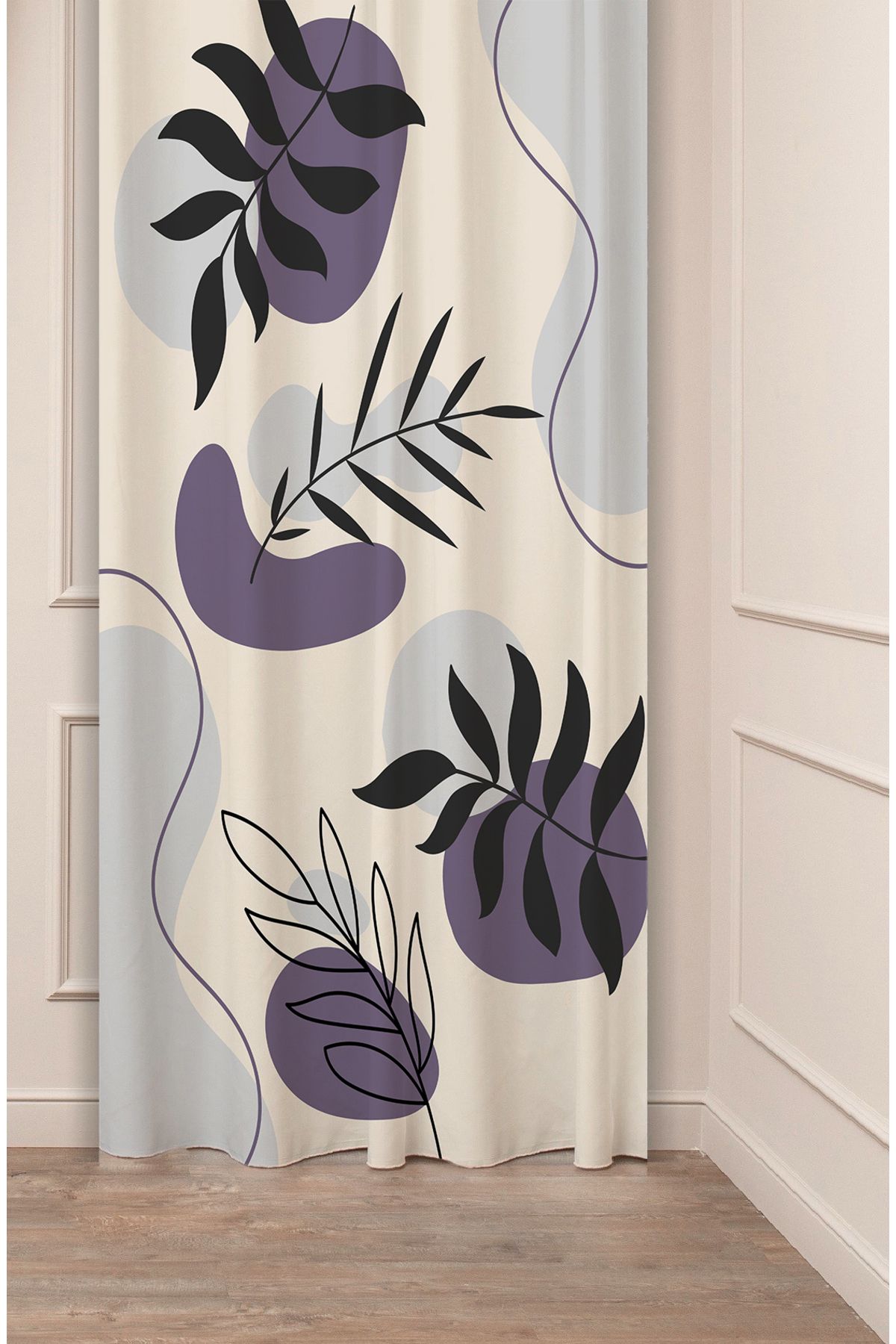 GREENDECOR Yaprak Bohem Minimalist Bej Krem Desenli Özel Tasarım Dijital Baskılı (Tek Kanat) Modern Fon Perde