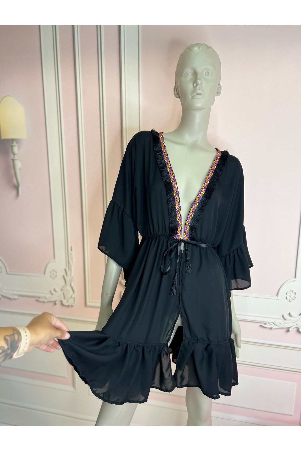 NA ADDESIGN Siyah kimono, siyah püskül detaylı kimono, siyah pareo