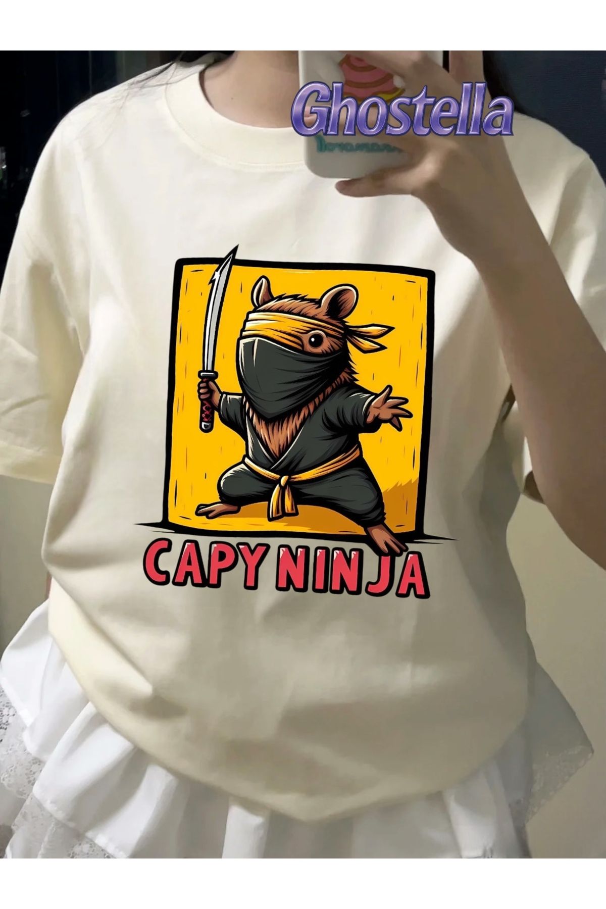 Minga London Bej Capy Nınja Baskılı Oversize Unisex Tshirt - Ghostella