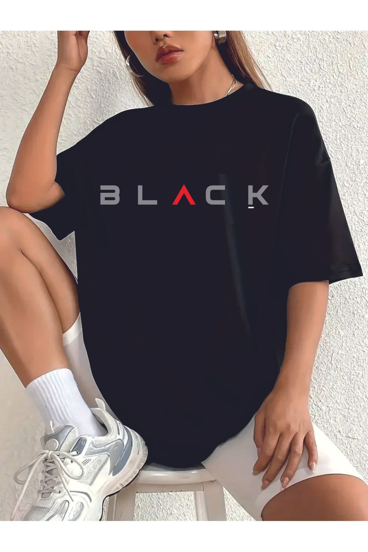 HOFFNUNG T SHIRT Kadınlar İçin BLACK DESIGN oversize Boy Nefes Alabilen Düşük Omuzlu Tişört