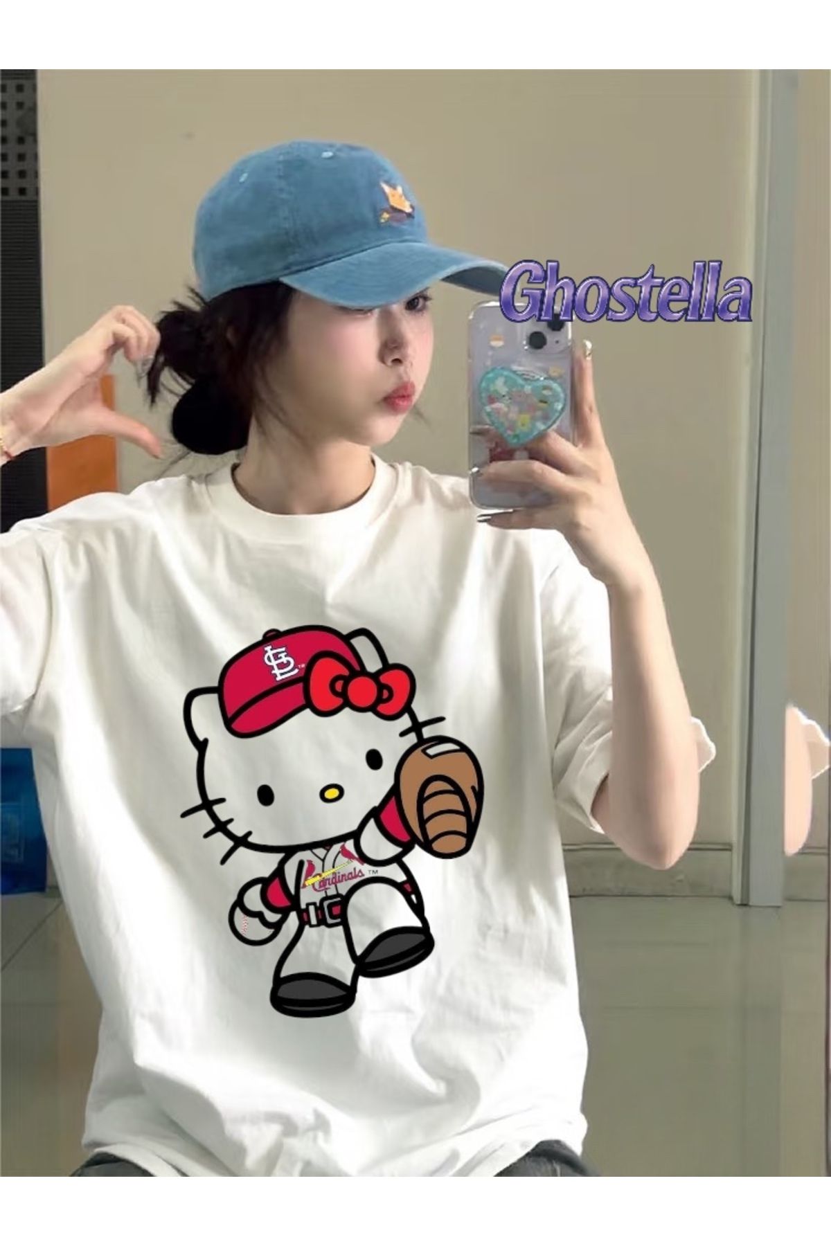 Minga London Beyaz Hello Kitty American Football Baskılı Oversize Unisex Tshirt - Ghostella