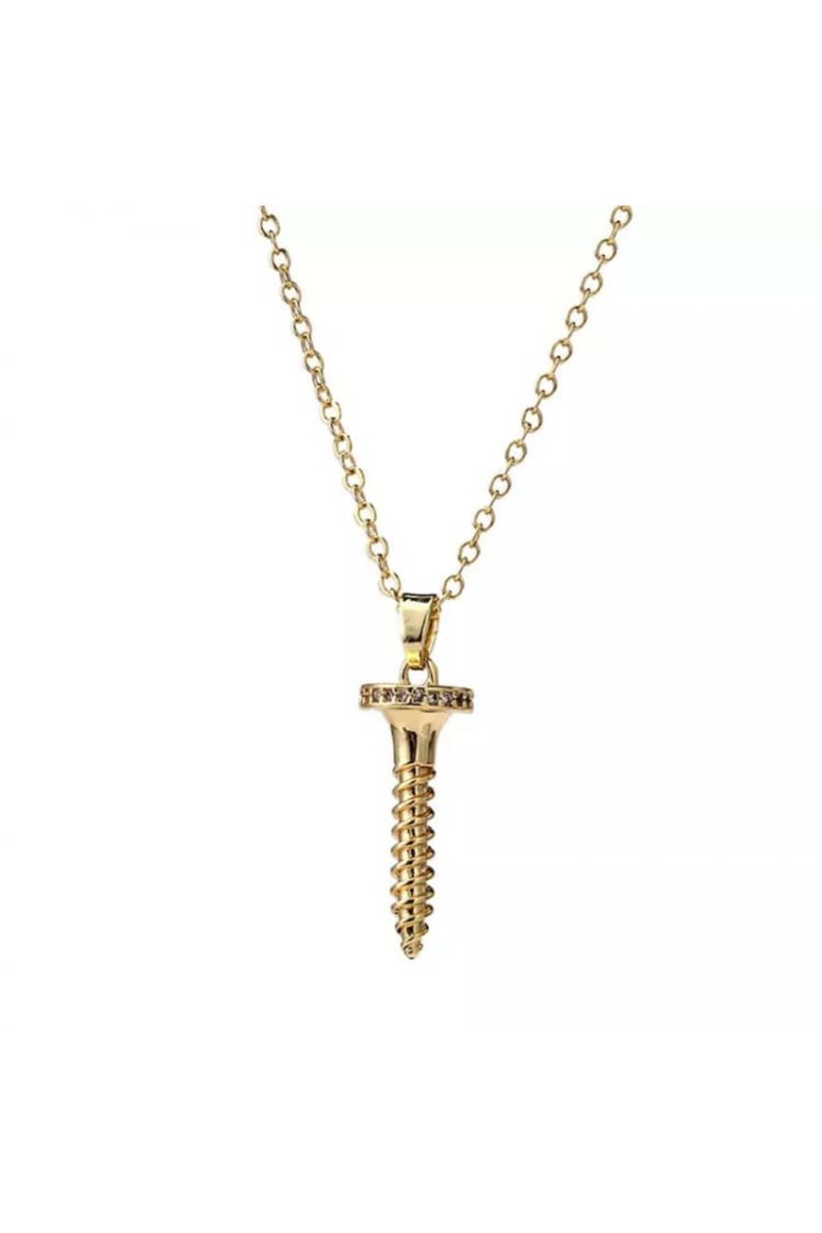 Tessero-Lantisor cu pandantiv in forma de surub, model cu pietre zirconiu, placat cu aur 18K, unisex, Tesser 1
