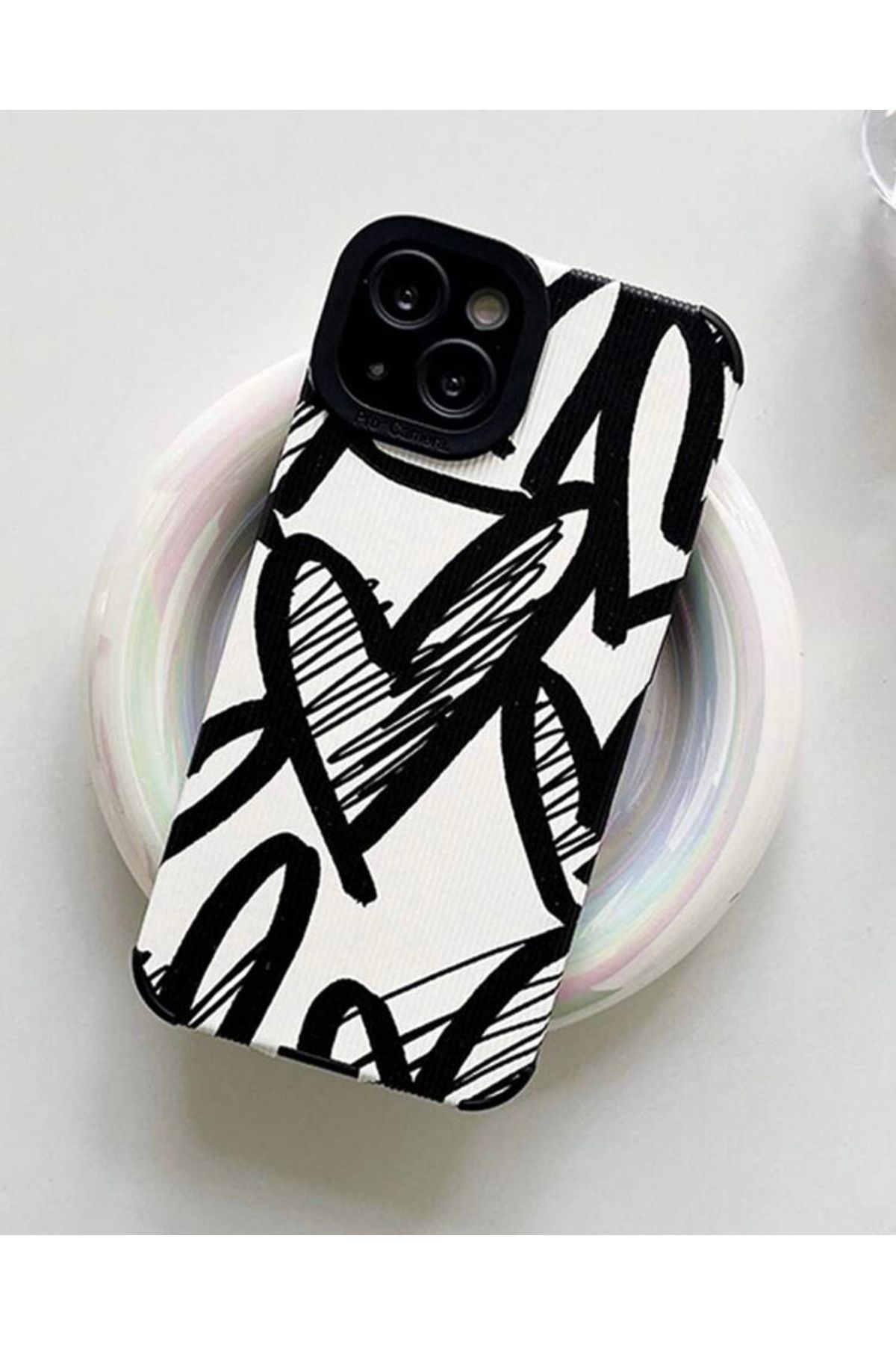 MirazTasarim IPHONE 14 PLUS SİYAH/BEYAZ KALP DESENLİ KILIF