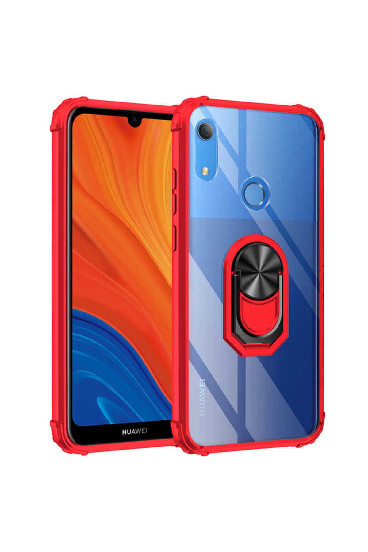 halkhouse Huawei Y6S 2019 Kılıf Sert Silikon Dayanıklı Şeffaf Renkli Yüzüklü Mola Kapak