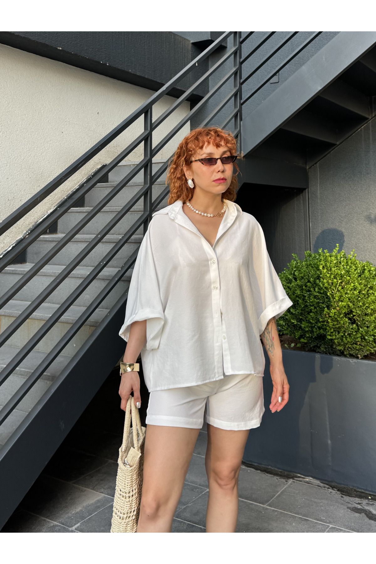 Bak'ap Premium Yumuşak Keten Oversize Gömlek -Keten Kemerli Şort İkili Takım