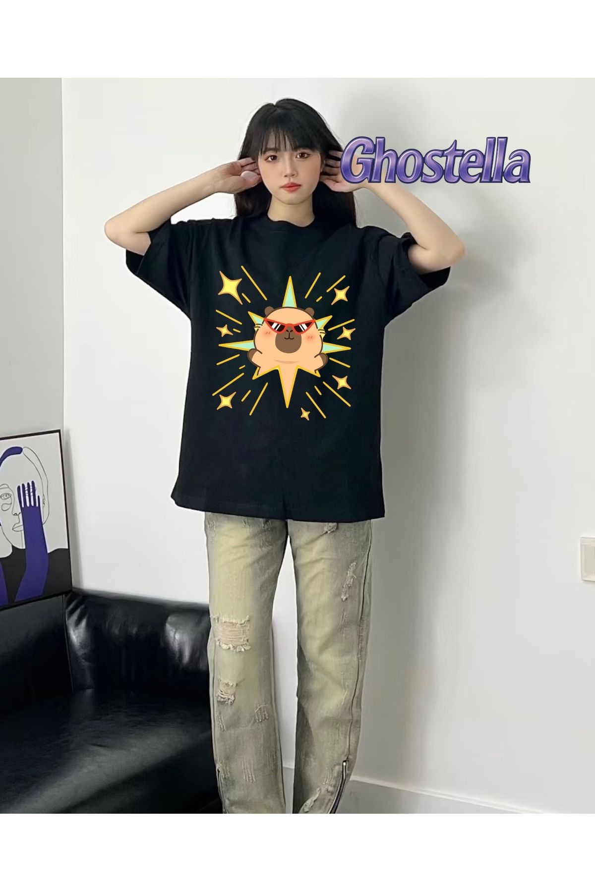 Minga London Siyah Capybara Star Baskılı Oversize Unisex Tshirt - Ghostella