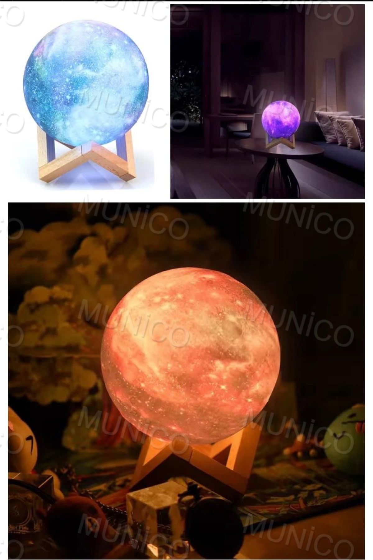 Munico 3D Baskı Yıldız Ay Lambası USB Led Ay Şekilli Masa Gece Lambası Tabanı 16 Renk Çocuklara Hediyelik