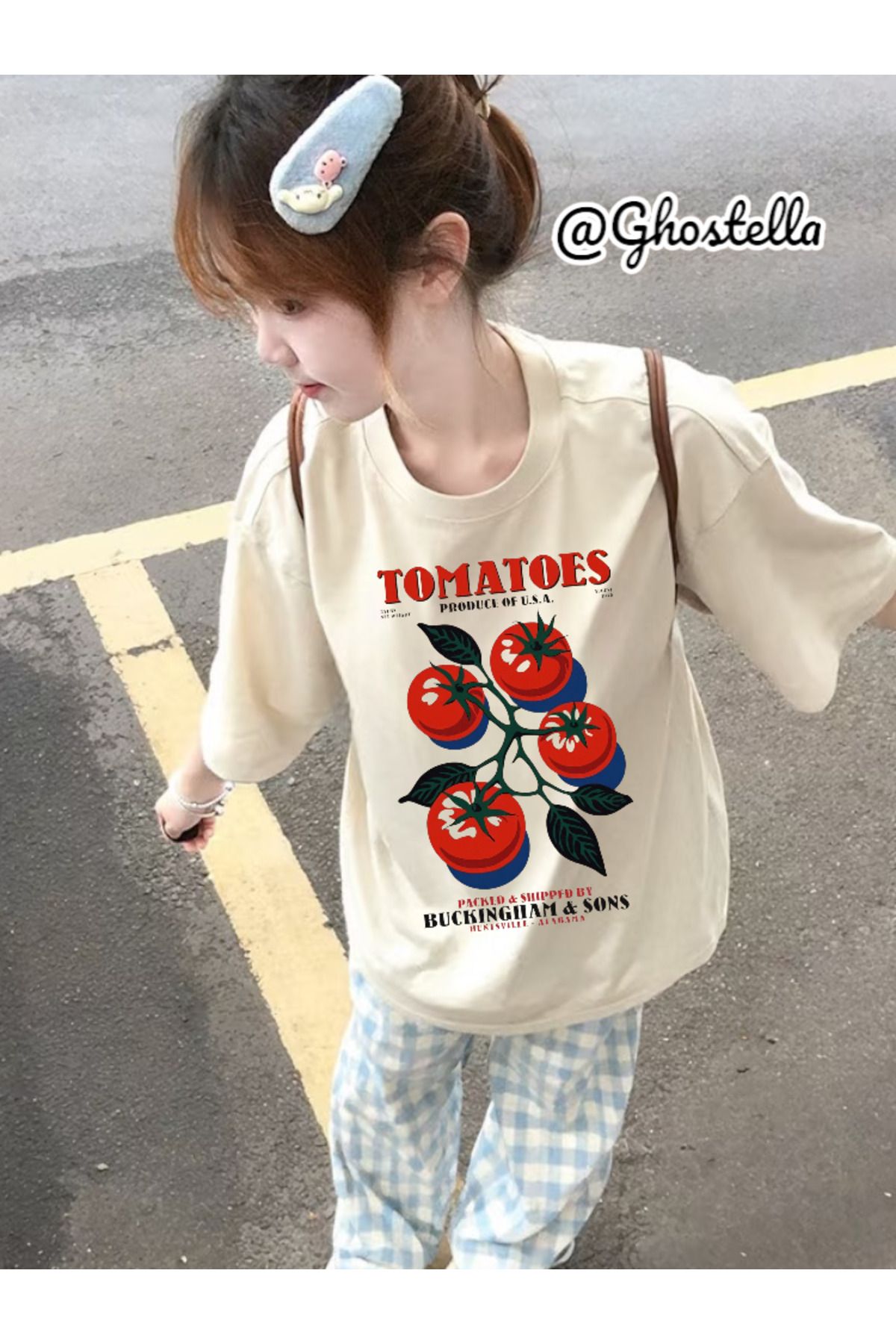 Minga London Bej Tomatoes Baskılı Oversize Unisex Tshirt - Ghostella
