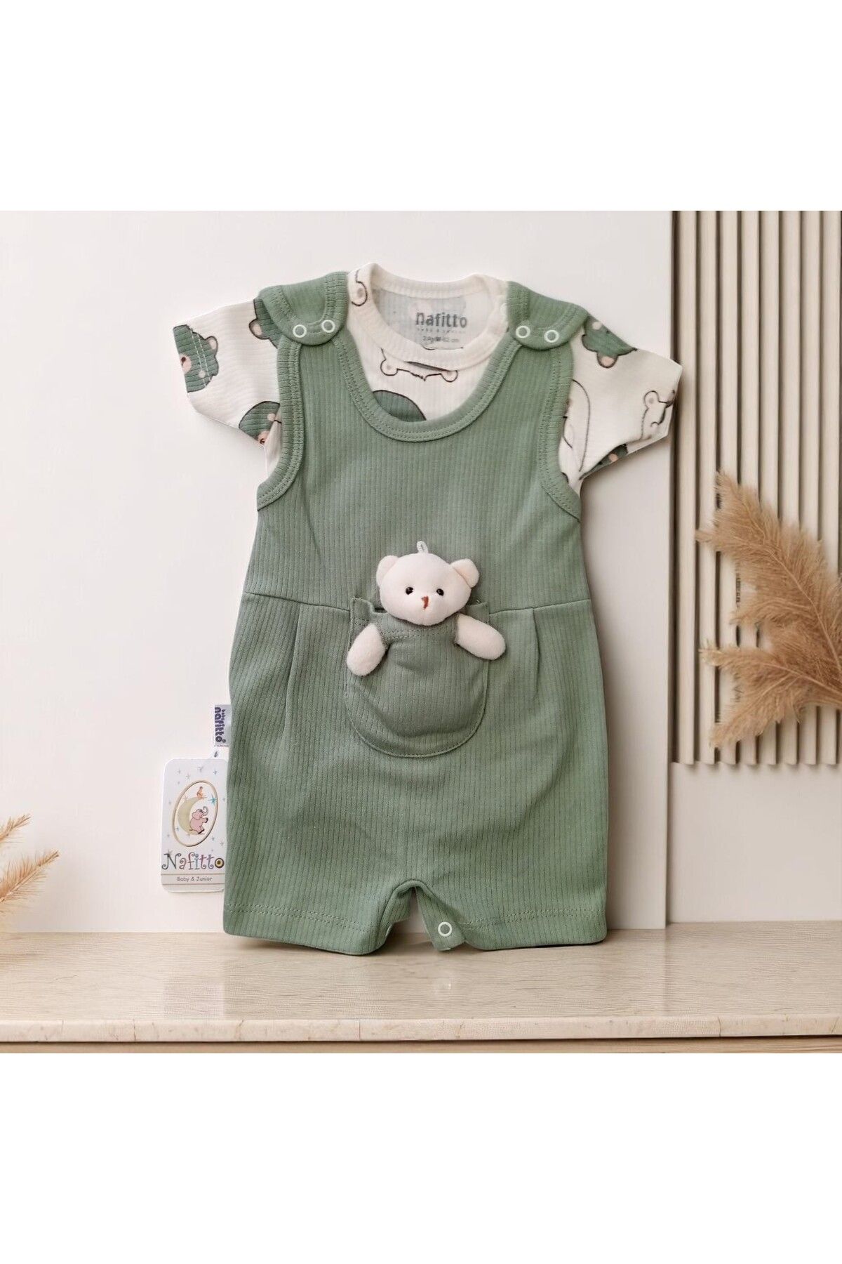 Bublykids Oyuncak Ayıcıklı Bebek Kısa Tulum Seti Zıbınlı Tulum Takımı 3lü Yeşil Kısa Tulum Takımı