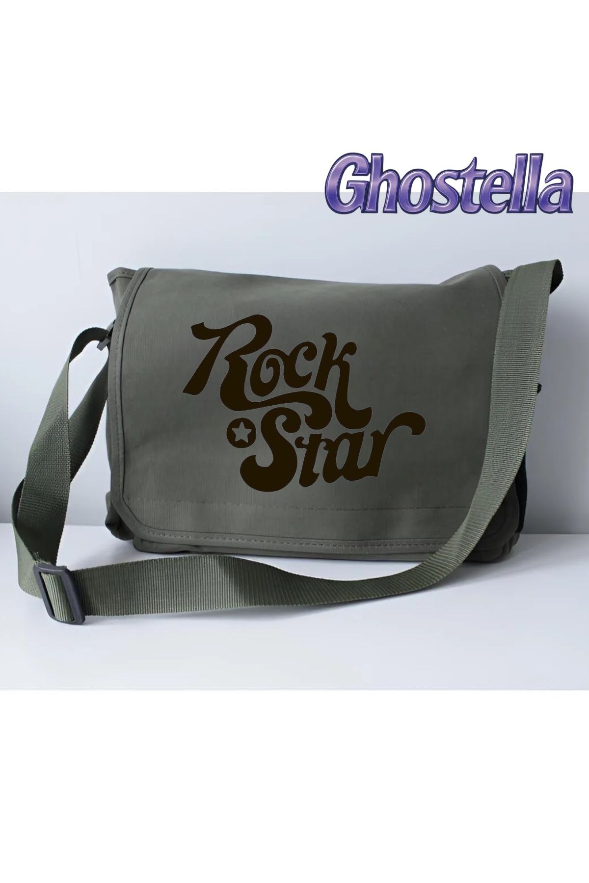 Minga London Rock Star Baskılı Haki Postacı Okul, Kurs Dershane Çantası -Ghostella
