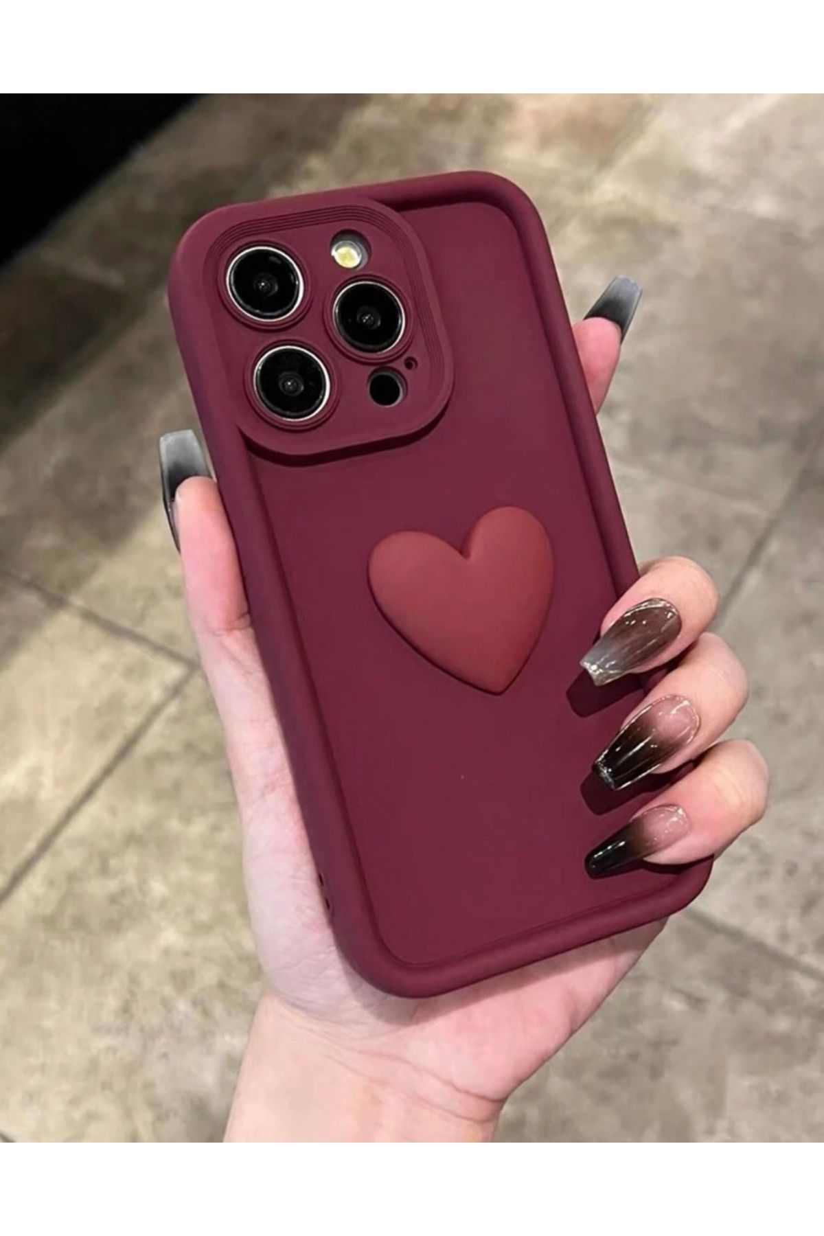 MirazTasarim IPHONE 14 PRO 3D KALP DEKORLU BORDO KILIF