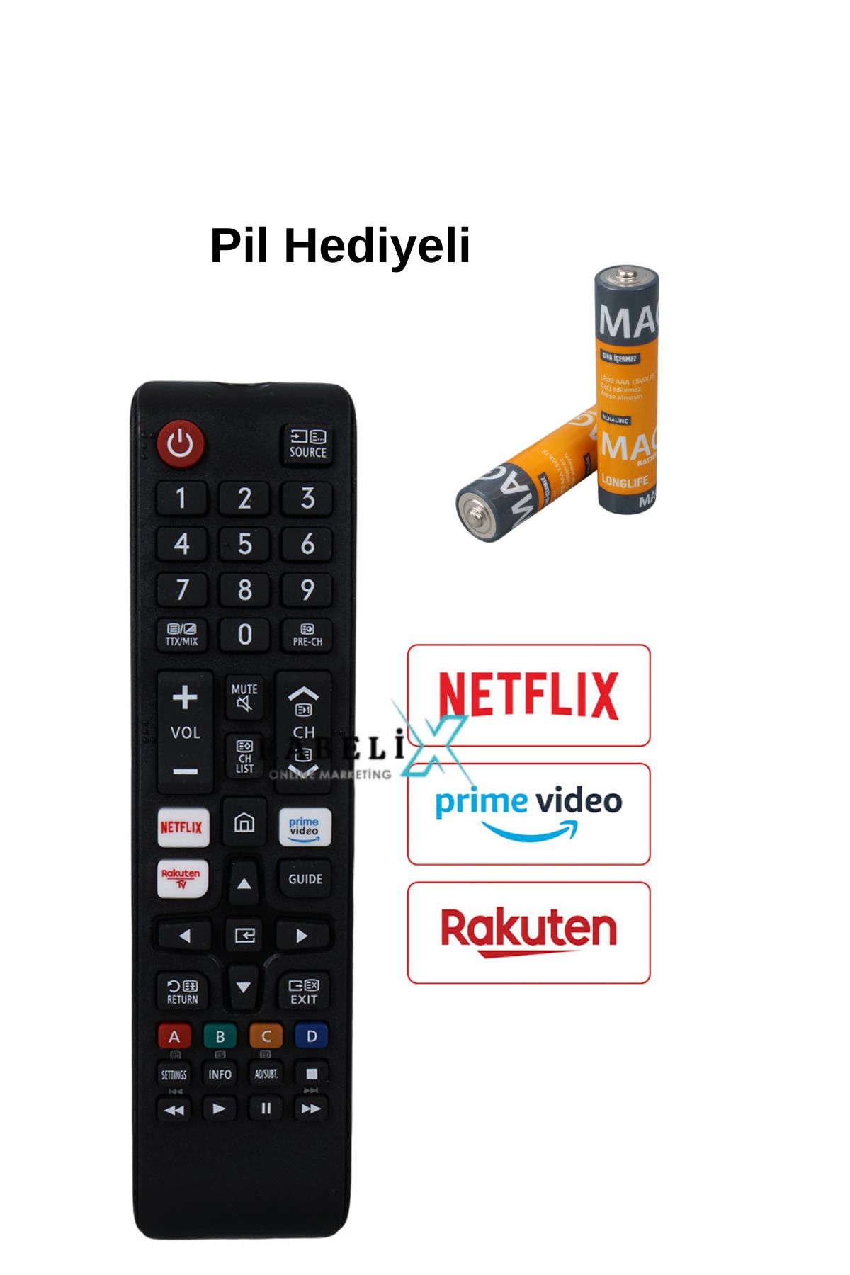 Rabelix Online Marketing Samsung BN59-01315B Netflix-Prime Video-Rakuten Tuşlu Kısa Lcd Led Tv Kumanda-Pil Hediyeli