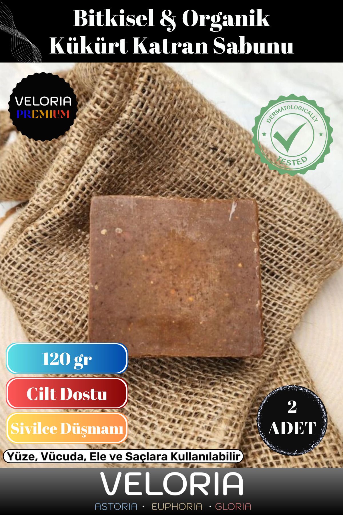 Veloria Premium %100 Doğal Organik Yüz Saç Vücut Cilt Dengeleyici Güzel Kokulu Kükürt Katran Sabunu 2 Adet