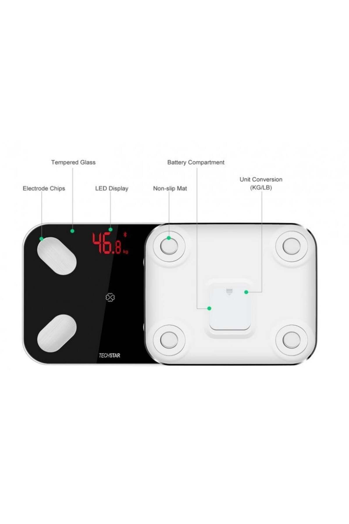 TECHSTAR-Cântar electronic inteligent ®, negru, afișaj digital, wireless, Bluetooth, greutate maximă 180 kg, Com 7