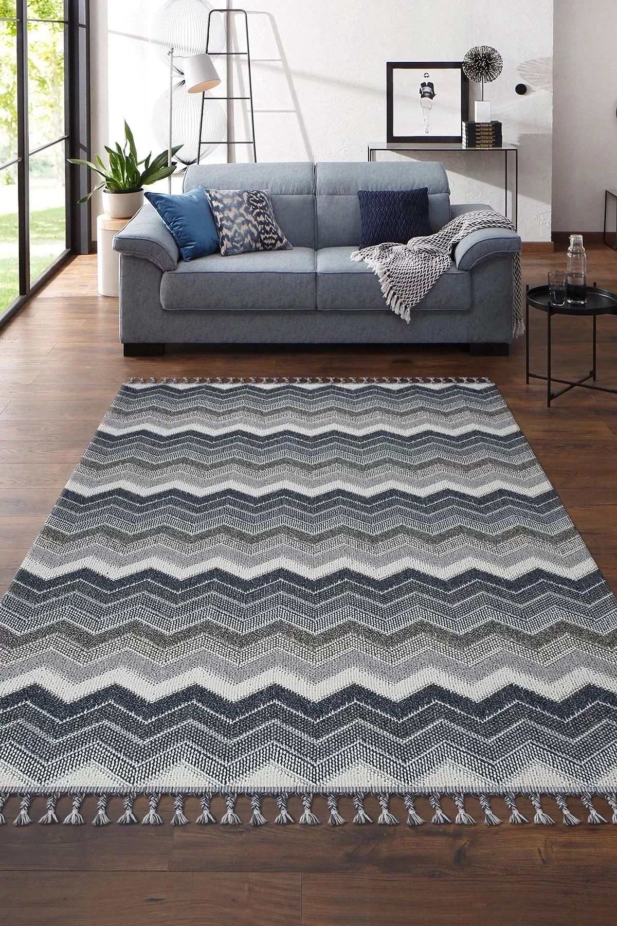 PetraHomeLiving Otantik Modern Salon ve Oturma Odası Halısı - Mavi Gri