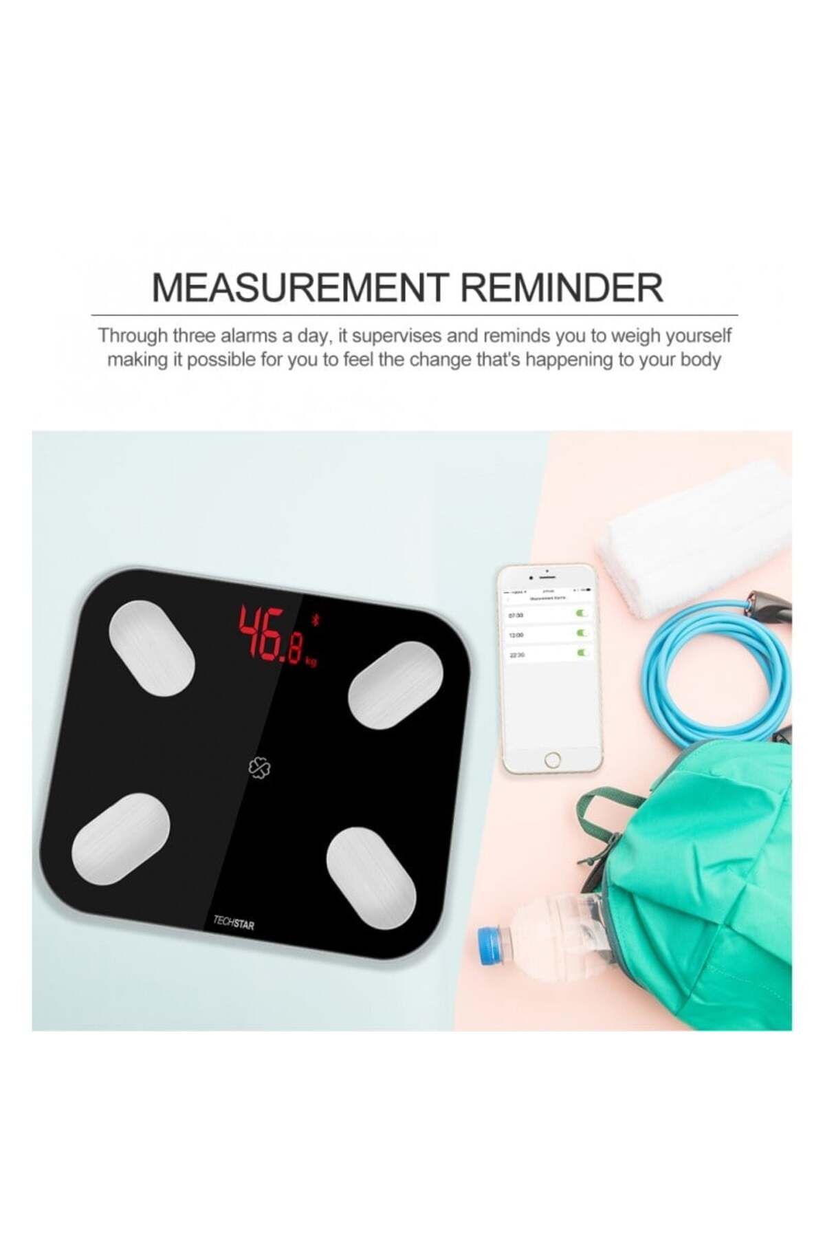 TECHSTAR-Cântar electronic inteligent ®, negru, afișaj digital, wireless, Bluetooth, greutate maximă 180 kg, Com 6