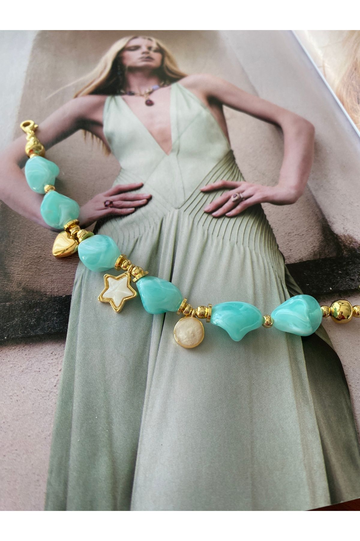 Pinery Jewels Turkuaz İri Taşlı Yazlık Kadın Bileklik – Modern ve Şık Tasarım