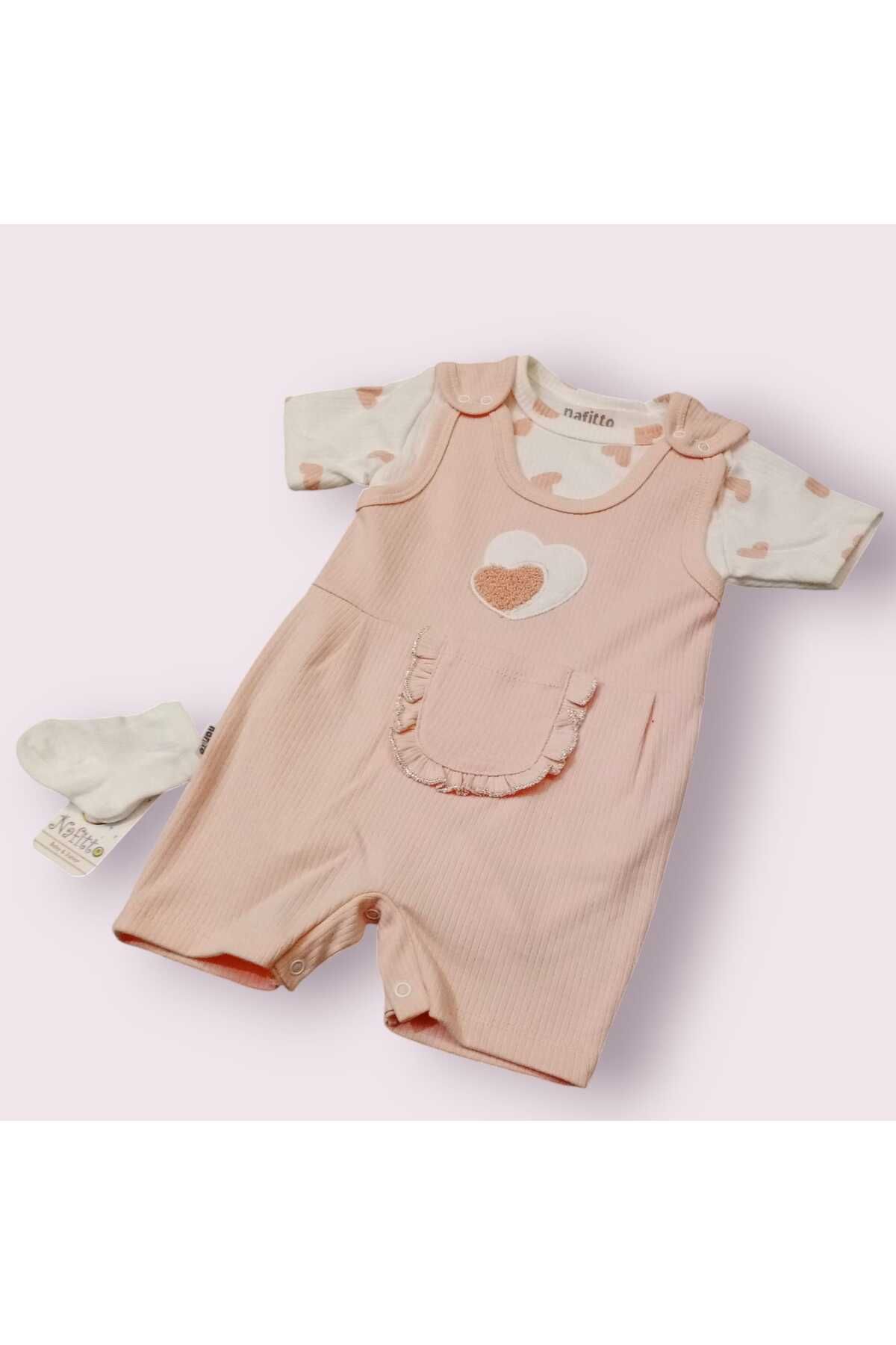 Bublykids Pembe Kalpli 3 lü Kız Bebek Kısa Tulum Kalpli Zıbınlı Bebek Takım Yazlık Kısa Tulum Takımı Çoraplı