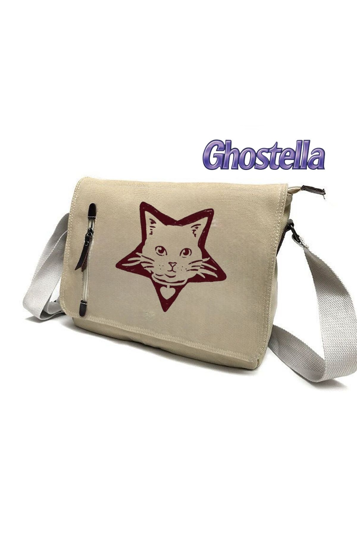 Minga London Cat Star Baskılı Bej Postacı Okul, Kurs Dershane Çantası -Ghostella