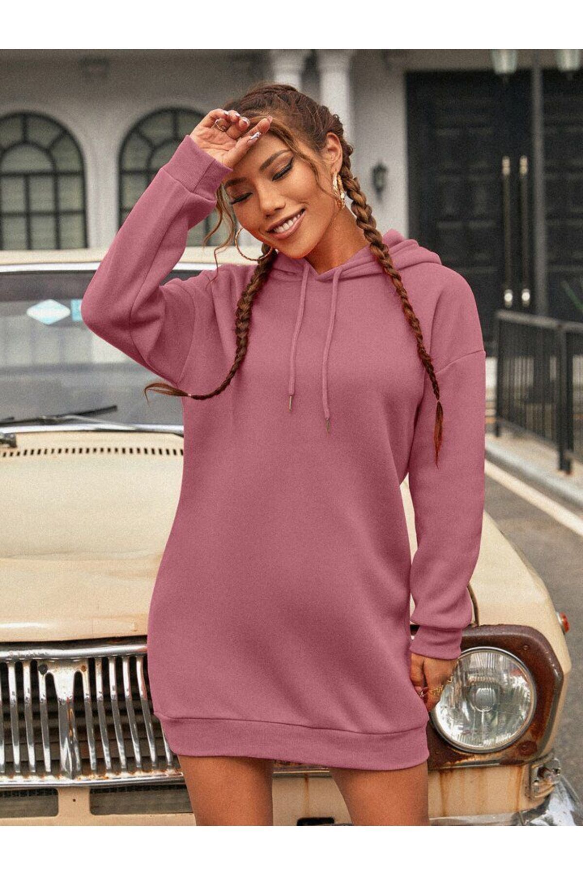 NoVibe Kadın Büyük Beden Düz Renk Sweatshirt Elbise / Tunik