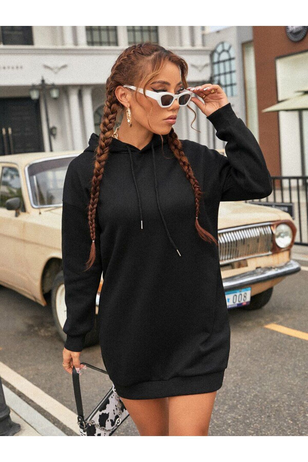 NoVibe Kadın Büyük Beden Düz Renk Sweatshirt Elbise / Tunik