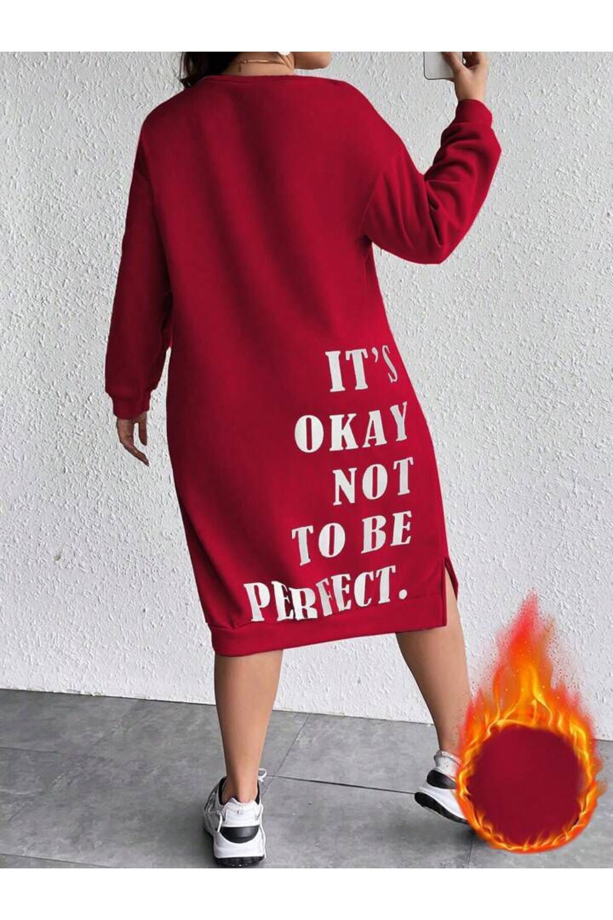 NoVibe Kadın Its Okay Baskılı Sweatshirt Elbise / Tunik