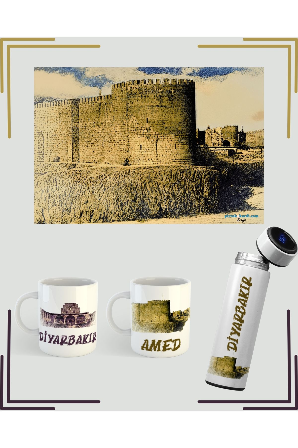 ZERYA Amed Diyarbakır Tasarımlı Kupa ve Termos Set - Diyarbakır Posteri Posteri (2 KUPA 1 TERMOS 1 POSTER)