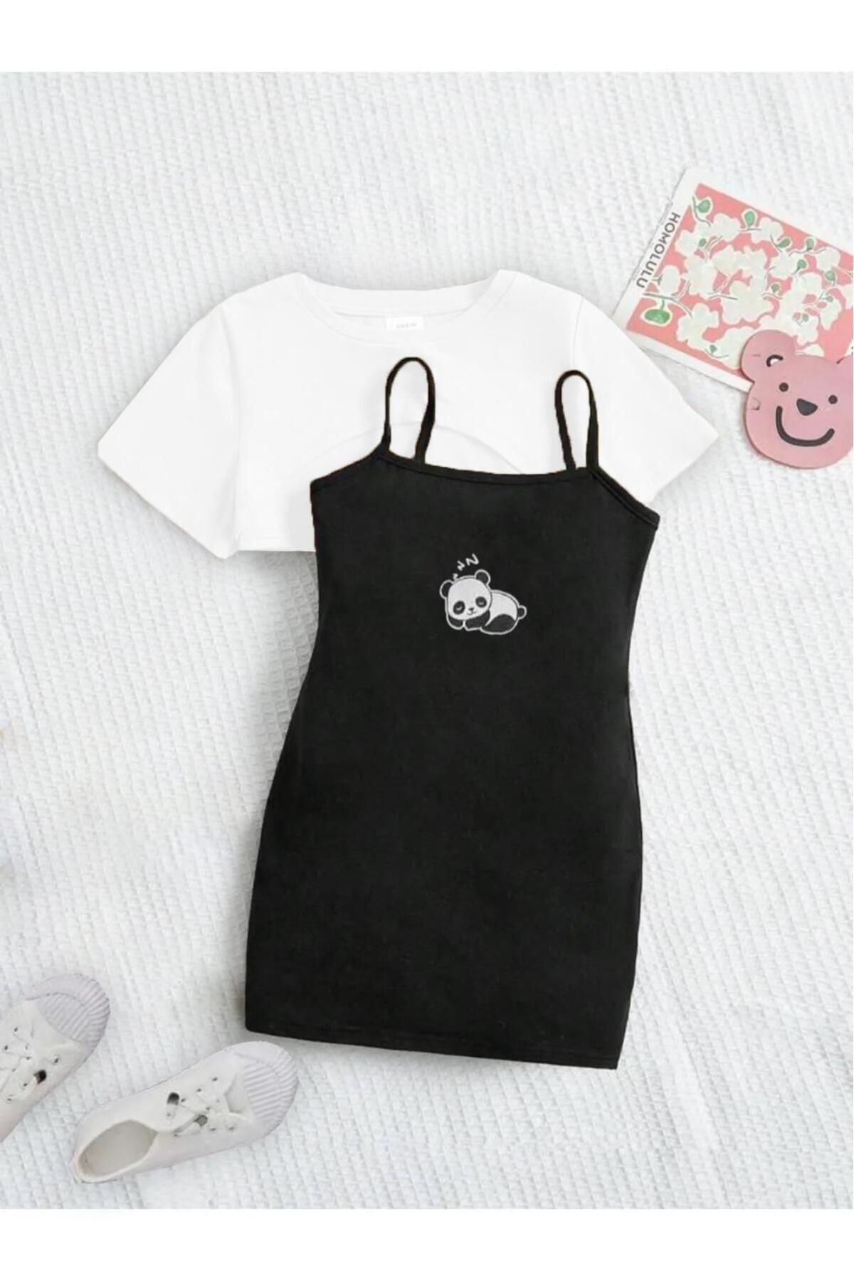 NoVibe Çocuk Panda Baskı Elbise & Crop T-shirt 2'li Kombin