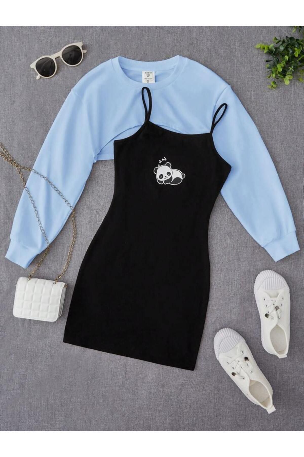NoVibe Çocuk Panda Baskı Elbise & Crop Sweat Kombin