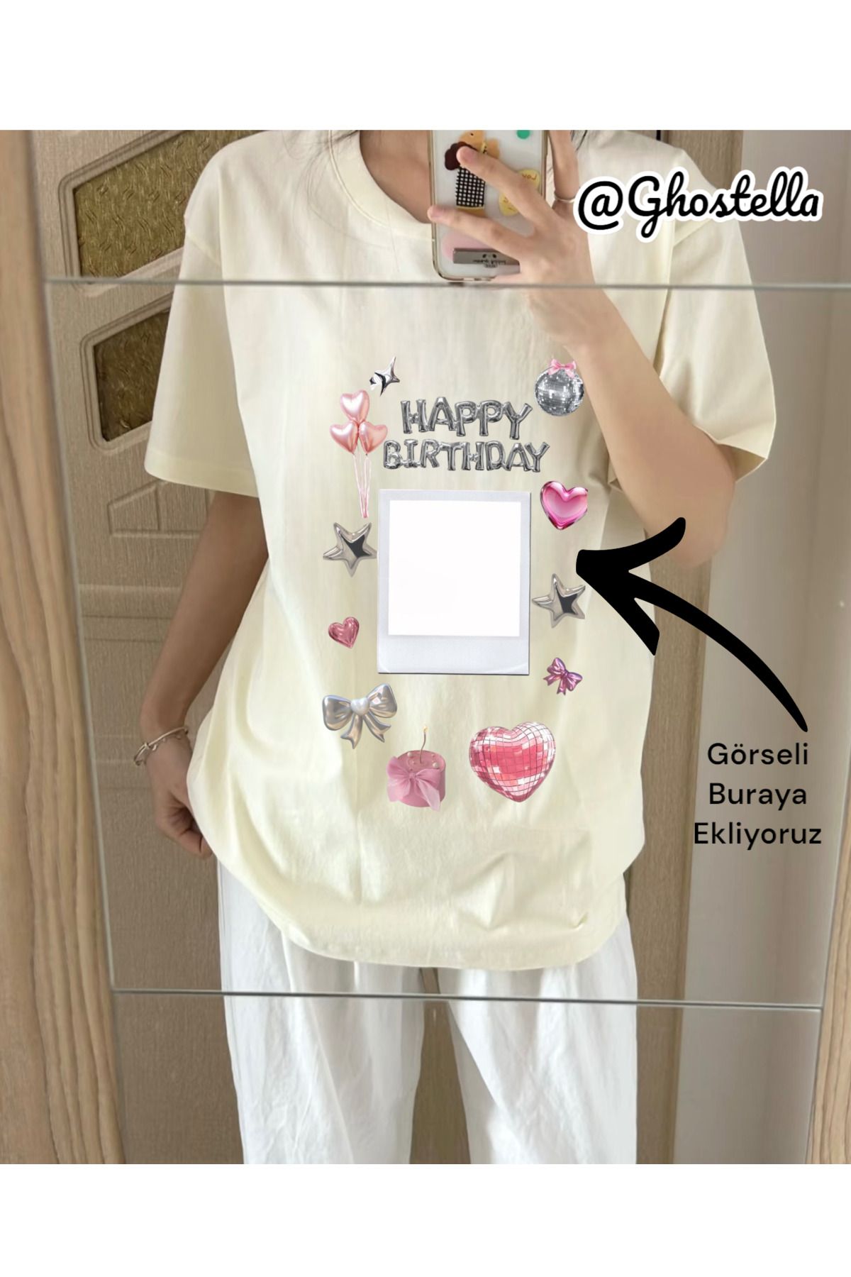 Minga London Bej Happy Birthday Kişiye Özelleştirilmiş Baskılı Oversize Unisex Tshirt -Ghostella