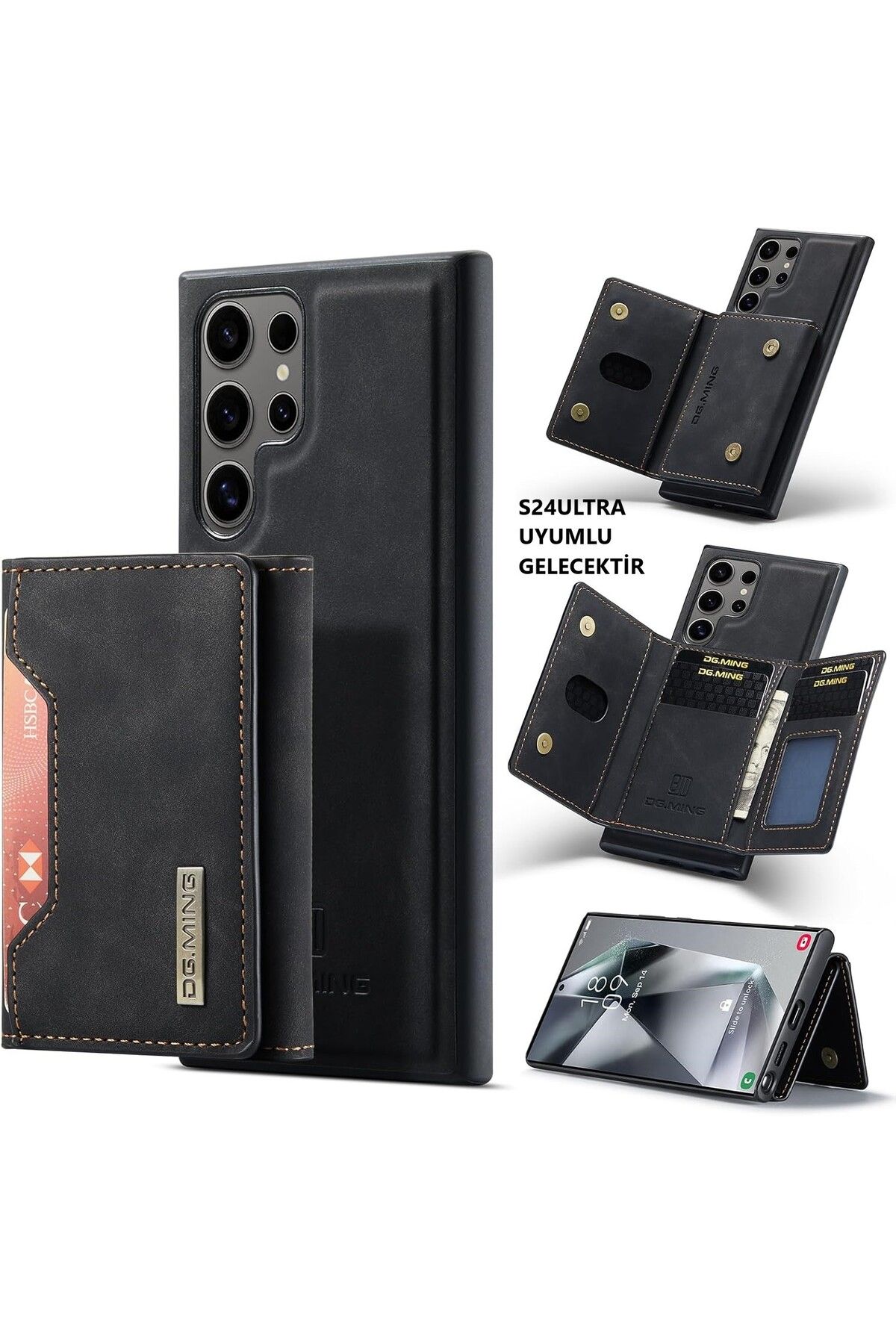 Kılıforyum Samsung Galaxy S24 Ultra Cüzdan Kılıf, DG.MING Premium Deri Manyetik Üç Katlı Cüzdan + Kılıf