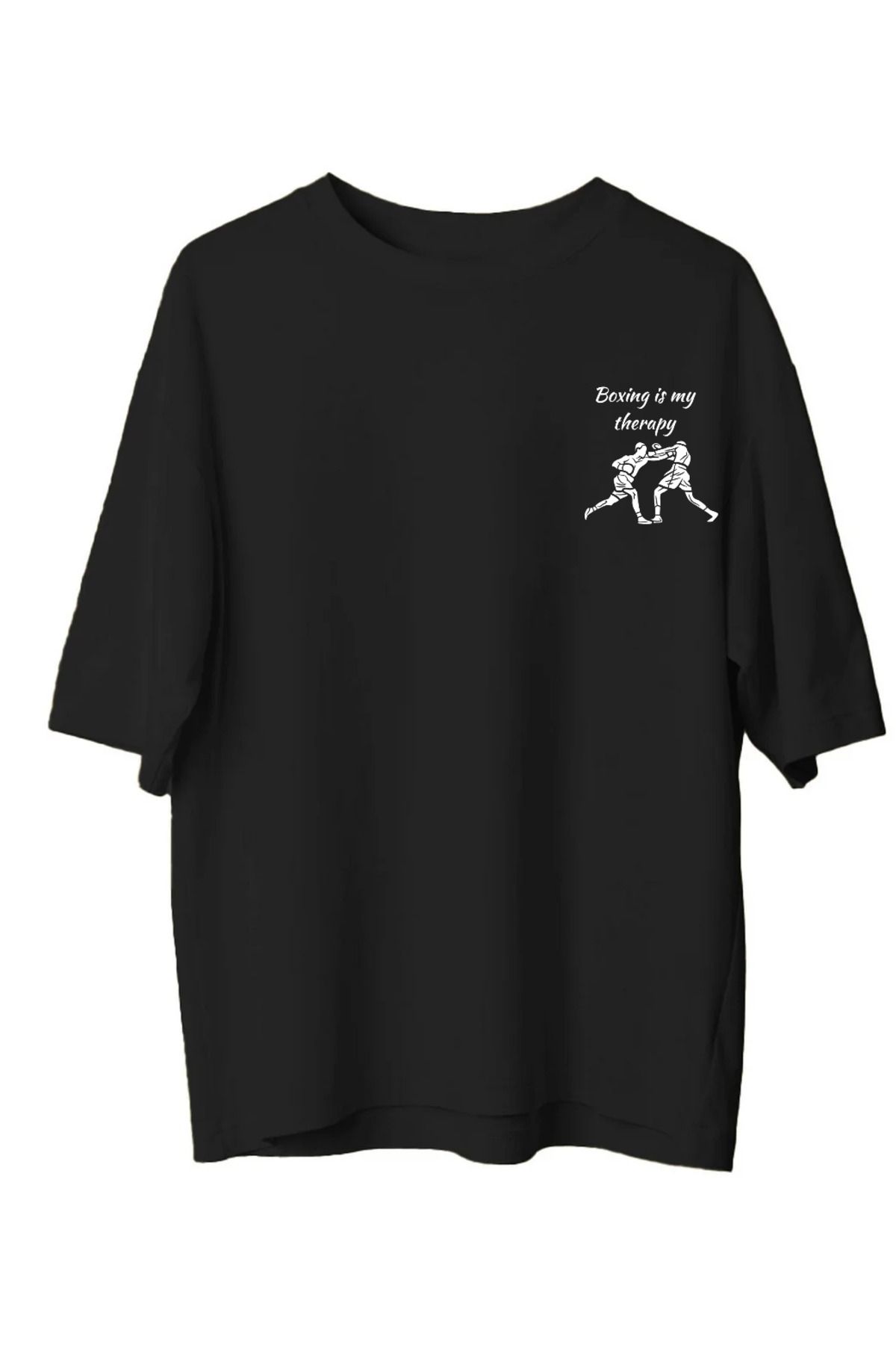 VMGA Boxing Is My Therapy - Boks Temalı Siyah Unisex Oversie Tişört | Sporcu Ruhlu Minimal Tasarım Tshirt