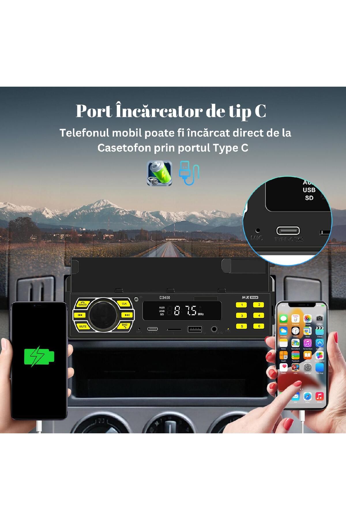 MaxTech-Radio mp3 Player, Car cassette player with phone holder, Remote control, Bluetooth 5.0, USB, CardSD, Aux 6