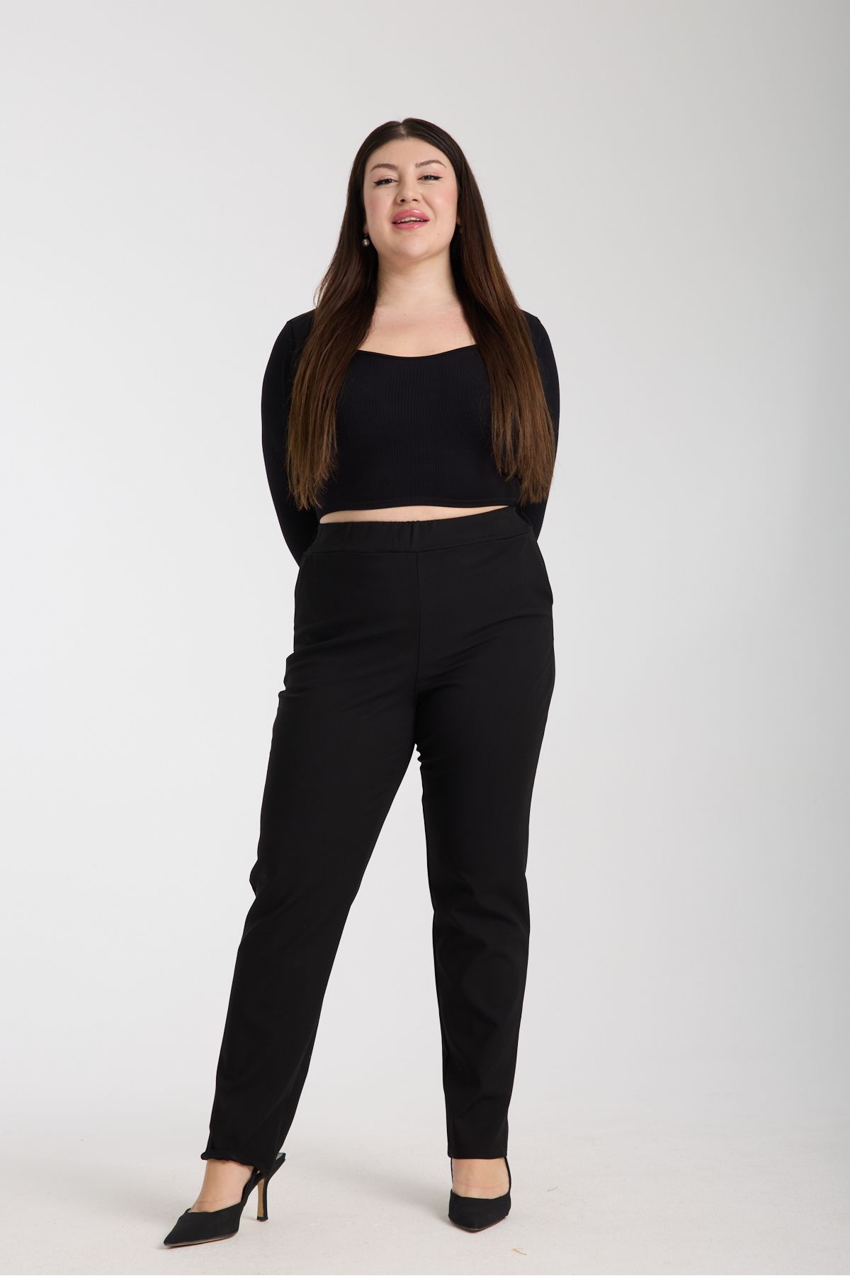 Gül Moda Büyük Beden Kumaş Pantolon Cepli Boru Paça Siyah G020-1