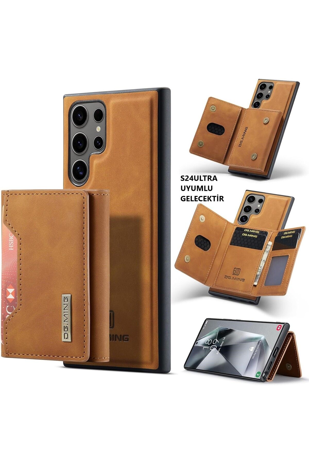 Kılıforyum Samsung Galaxy S24 Ultra Cüzdan Kılıf, DG.MING Premium Deri Manyetik Üç Katlı Cüzdan + Kılıf