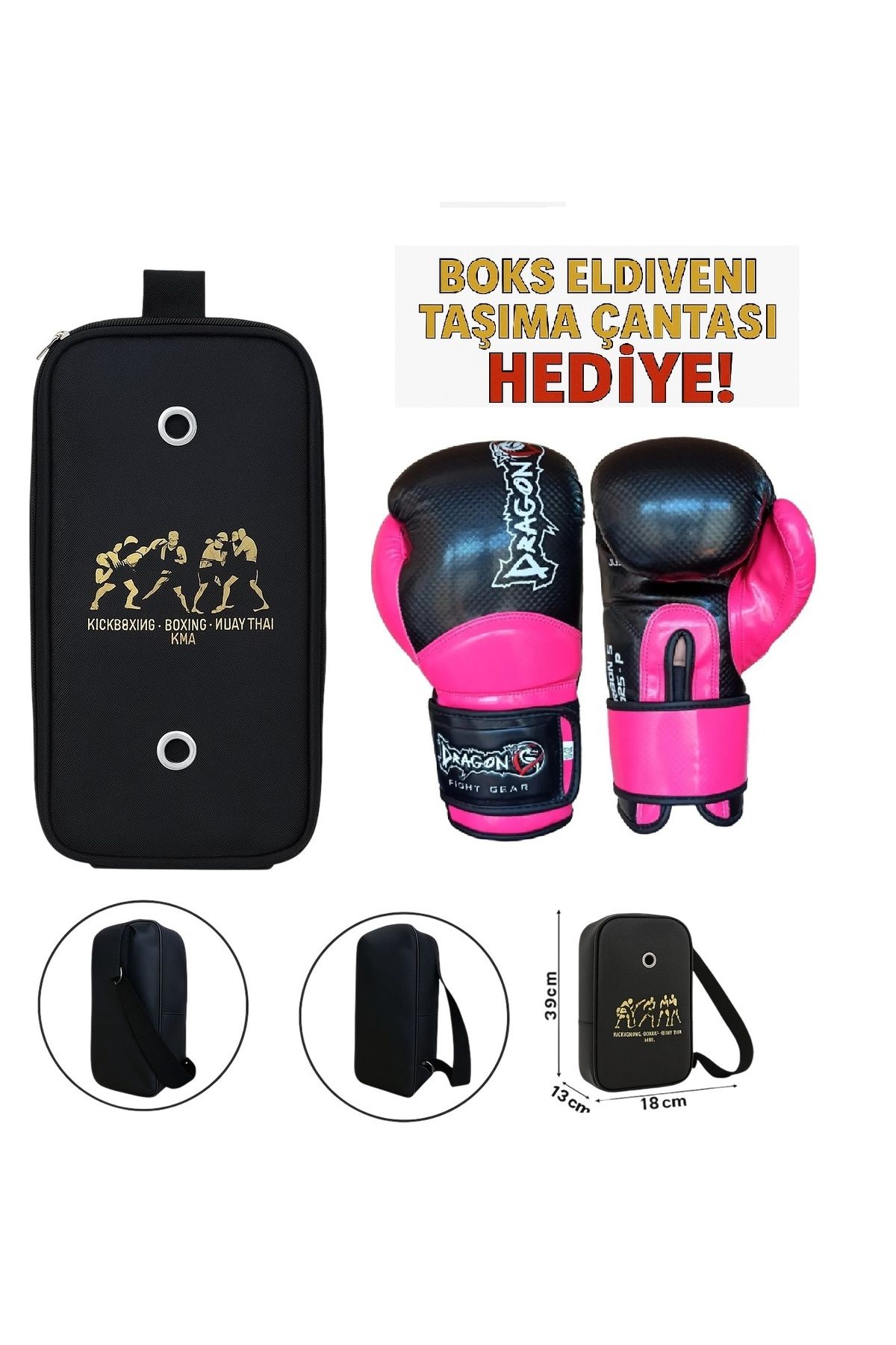 Dragondo Carbon 5 Pembe Boks Eldiveni Kick Boks Muay Thai Eldiveni ve Eldiven Taşıma Çantalı