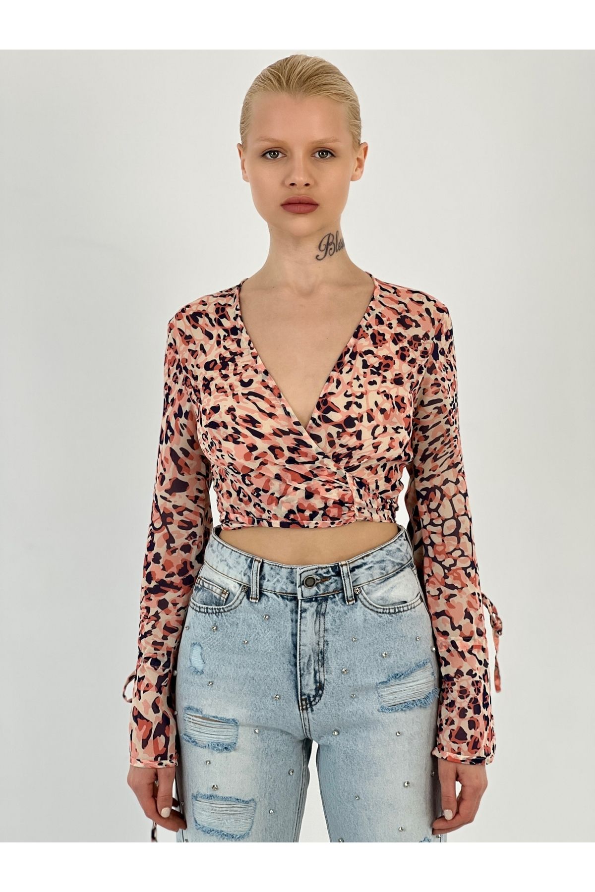 Miss Poem Leopar Desenli Bağlamalı Kadın Mavi Gömlek