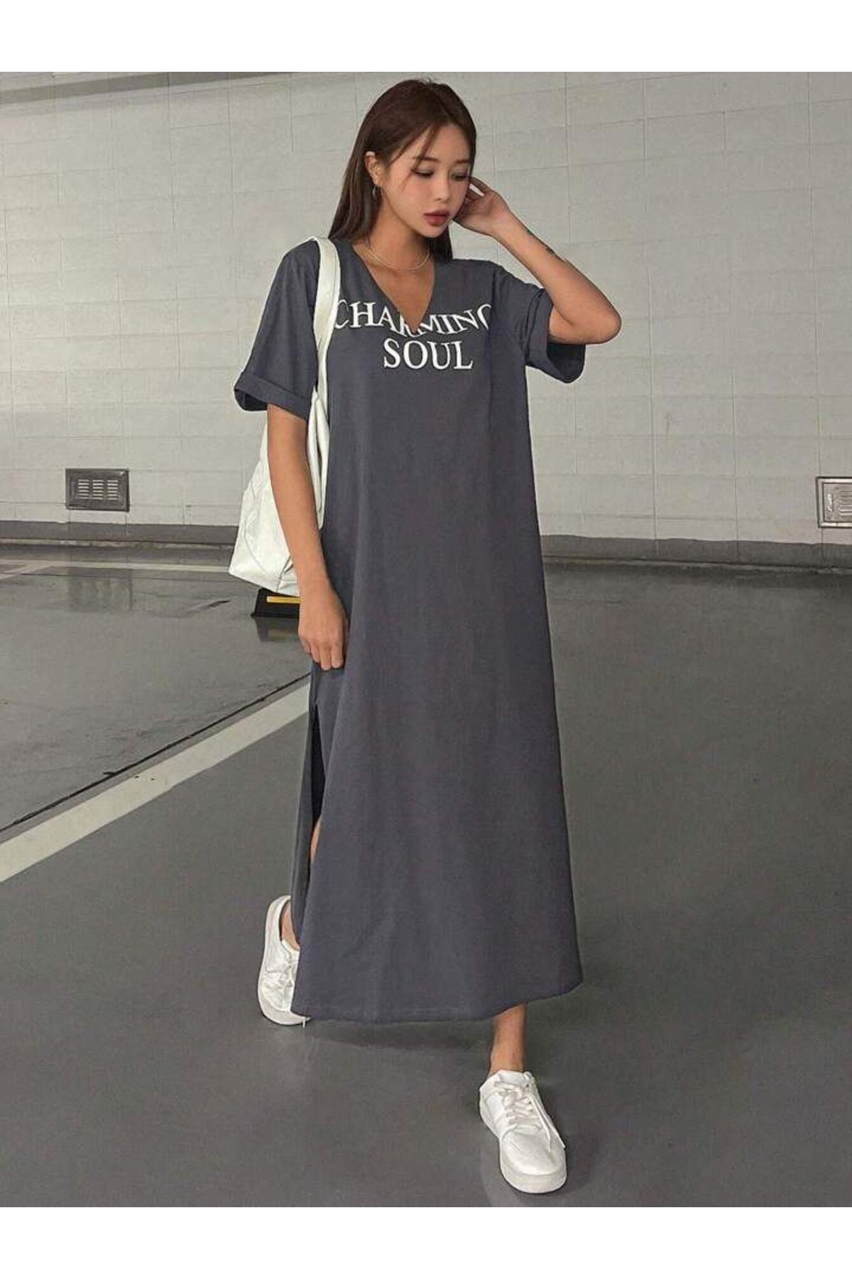 NoVibe Kadın Büyük Beden Charming Soul Baskılı V Yaka T-shirt Elbise/tunik