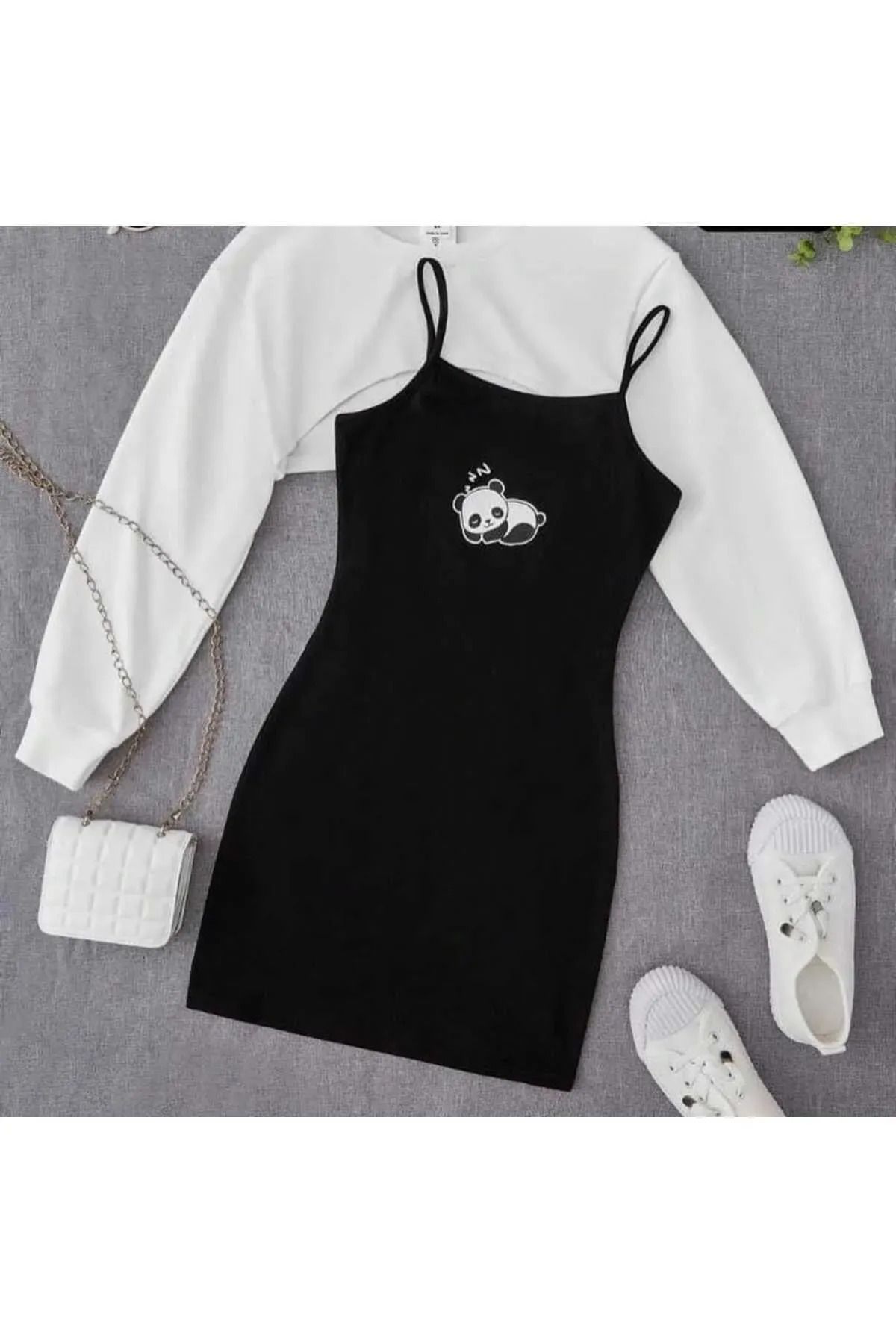 NoVibe Kadın Siyah Beyaz Panda Baskı Elbise & Crop Sweat Kombin