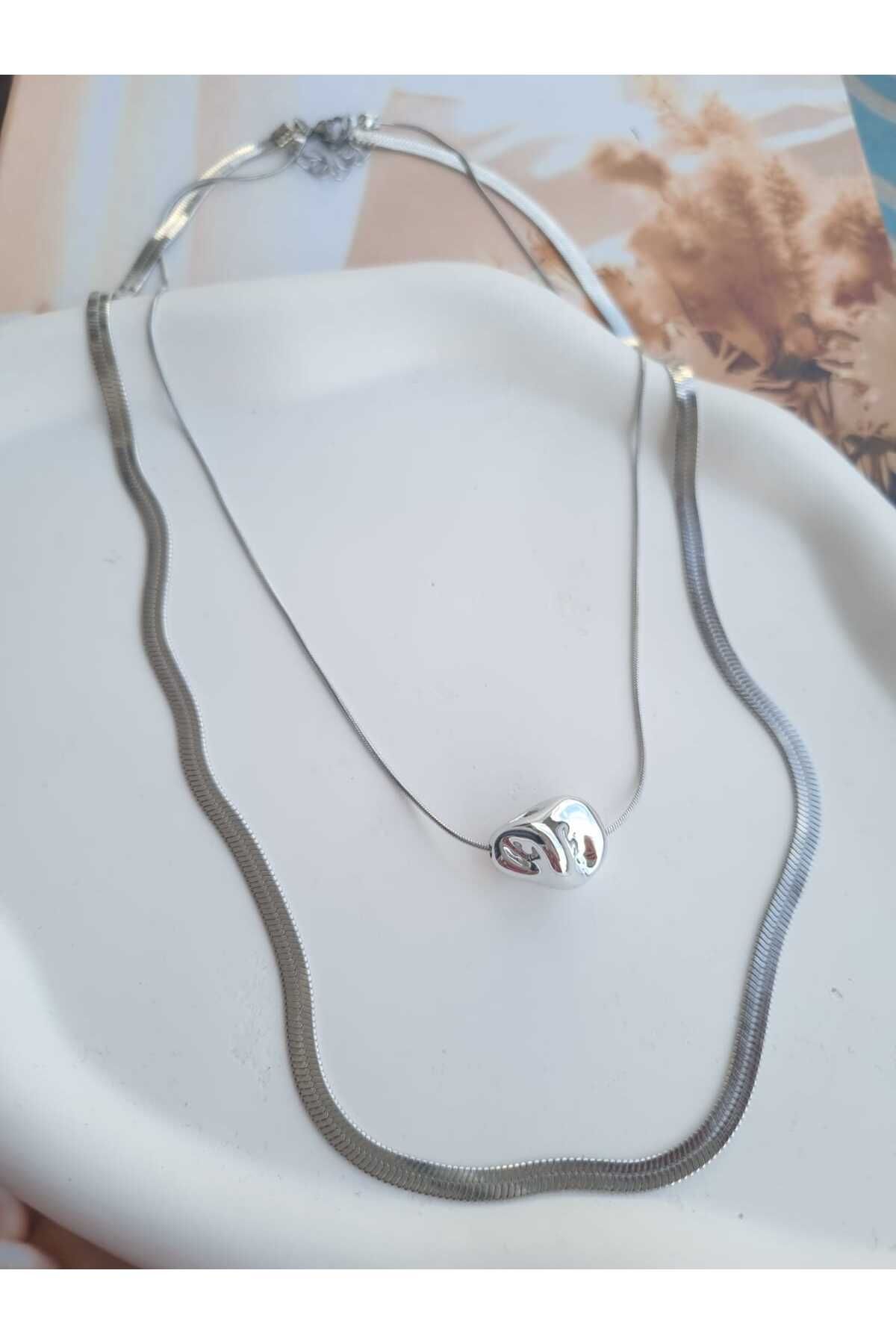 BRONZSTEEL 2li italyan zincir silver kolye