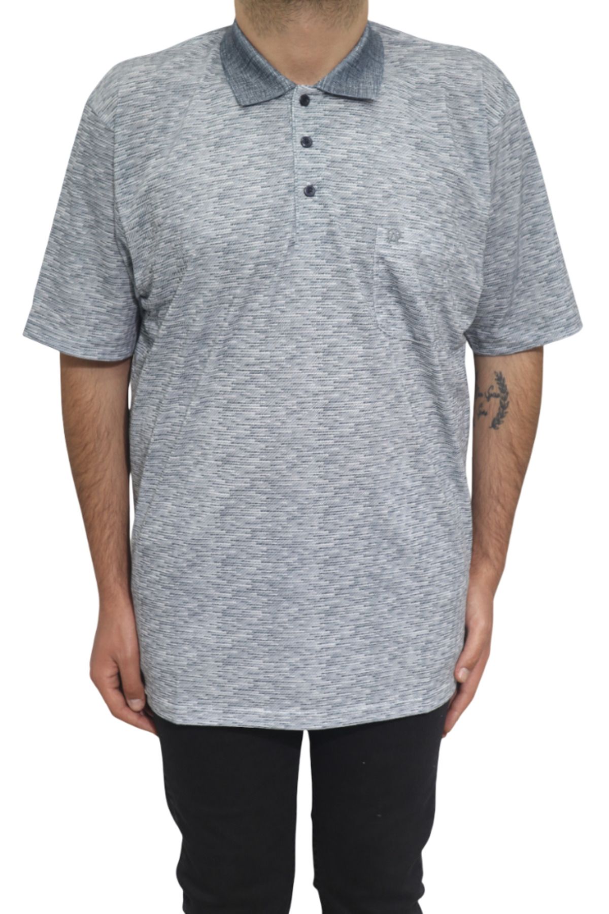 Özhürmet Triko Dmc Tekstil Erkek Lacivert Desenli Klasik Kesim Rahat Kalıp Tek Cepli Polo Yaka Battal T-Shirt