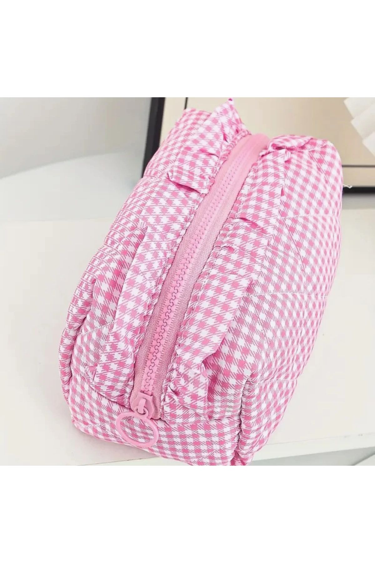 MyBalliStore Pötikare Desenli ,fırfırlı Gingham Kumaşlı Katlanabilir Makyaj Çantası