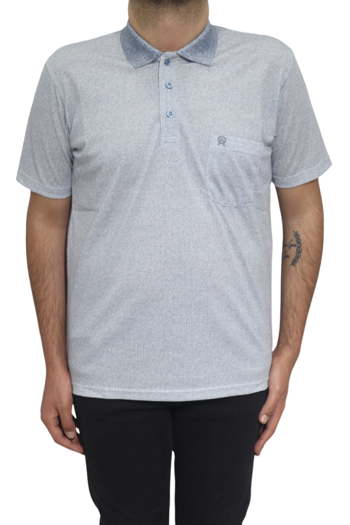 Özhürmet Triko Dmc Tekstil Erkek İndigo Desenli Klasik Kesim Rahat Kalıp Tek Cepli Polo Yaka T-Shirt