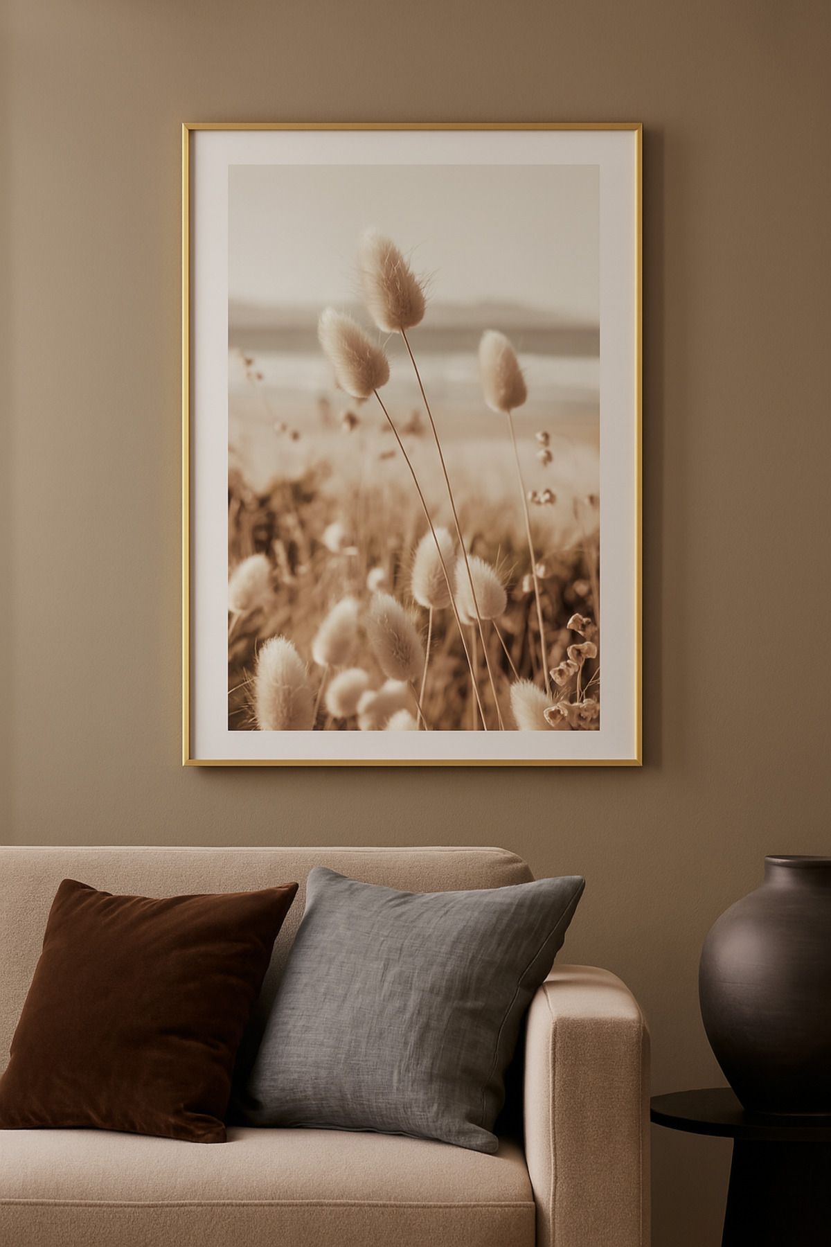 seninürünün Kumsalda Otlar Soft Modern Tablo - Gerçek Cama Baskı Siyah Alüminyum Metal Çerçeveli Tekli