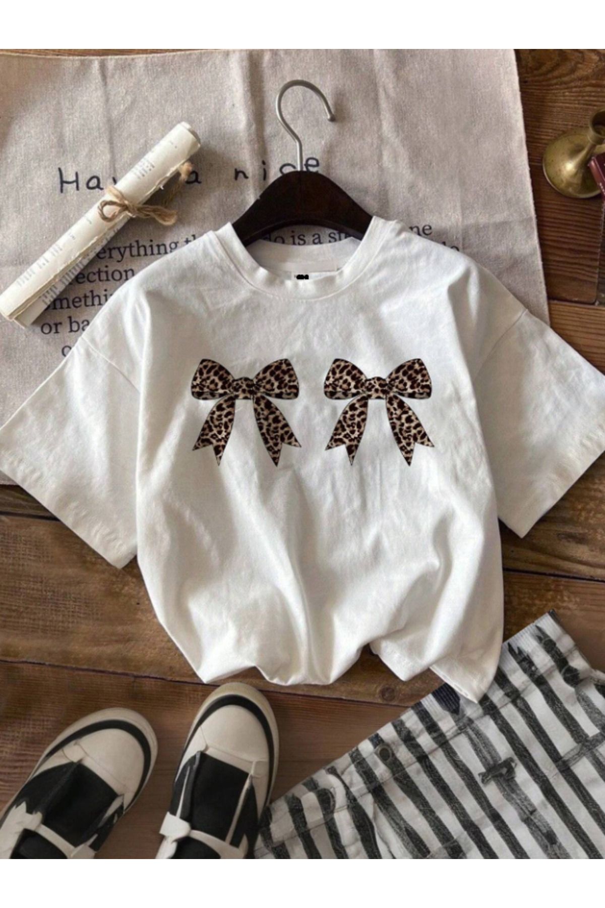 Framgan Kadın/Erkek LEOPAR KURDELE Özel Baskılı Günlük Kısa Kol Pamuklu T-Shirt
