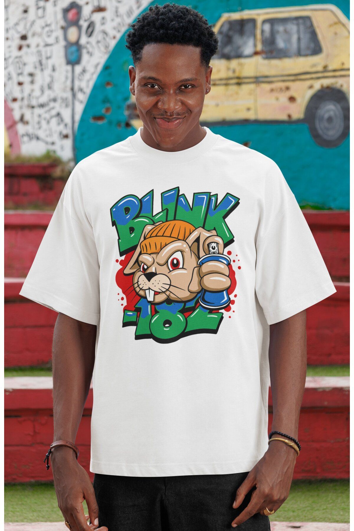 Fuddy Moda Unisex Blink-182 Squirrel Baskılı Tişört, Oversize Rock Grubu Temalı Bisiklet Yaka T-shirt