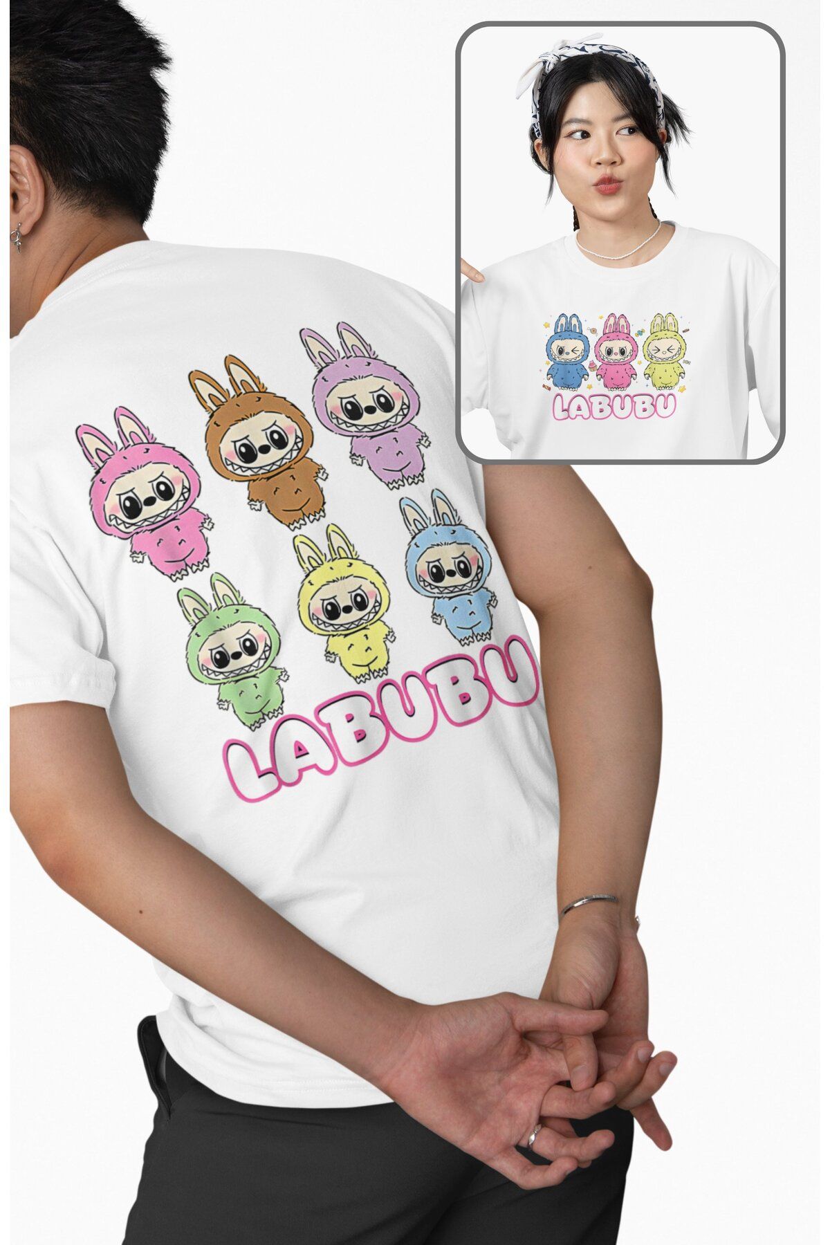 Fuddy Moda Unisex Labubu Karakterleri Sırt Baskılı T-shirt, Oversize Peluş Oyuncak Temalı Bisiklet Yaka Tişört