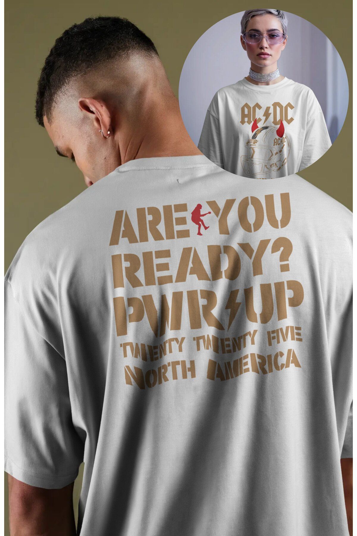 Fuddy Moda Unisex Are You Pwr Up AC-DC Sırt Baskılı Tişört, Oversize Rock Band Temalı T-shirt