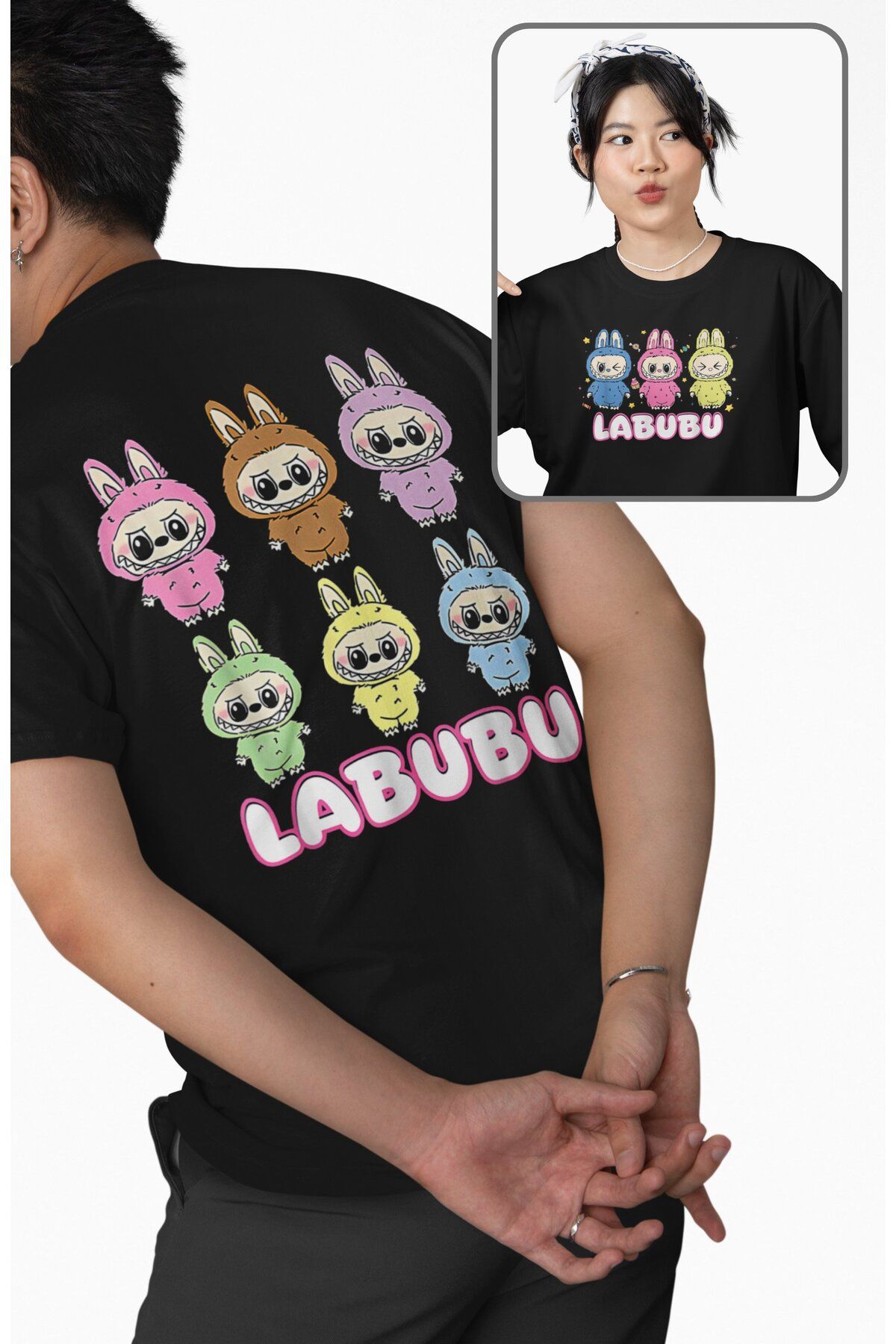 Fuddy Moda Unisex Labubu Karakterleri Sırt Baskılı T-shirt, Oversize Peluş Oyuncak Temalı Bisiklet Yaka Tişört